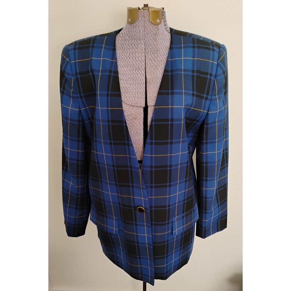 Vtg 80's 90's Sasson Blazer V Neck Blue Plaid Secretary 10/12 Secretary Office